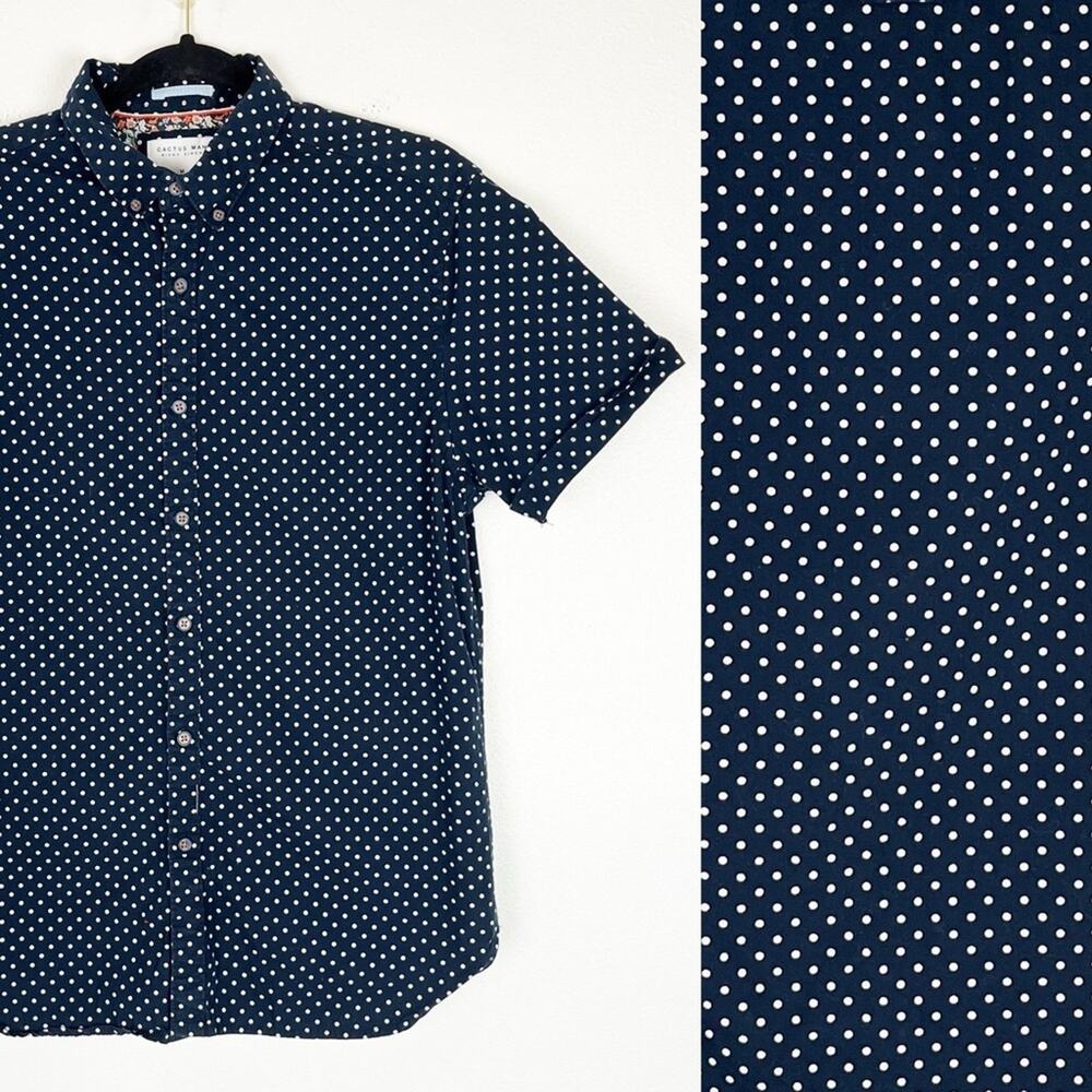 Cactus Man Casual Button Down Shirt Polka Dot Cotton Medium Slim Fit Navy Blue
